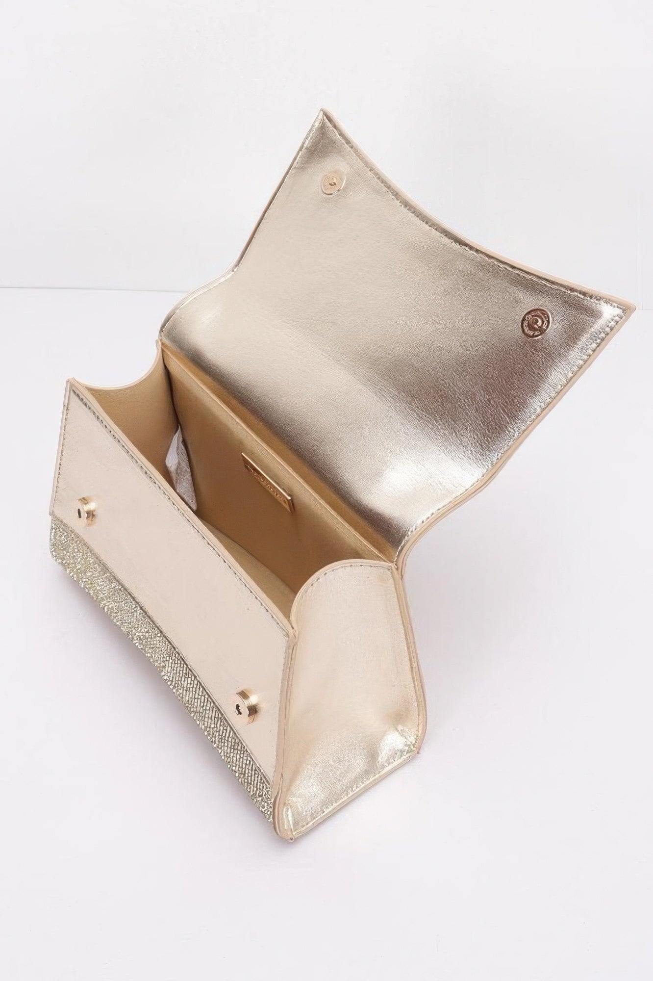Gold-toned rhinestone flap bag with top handle and chain strap, open view