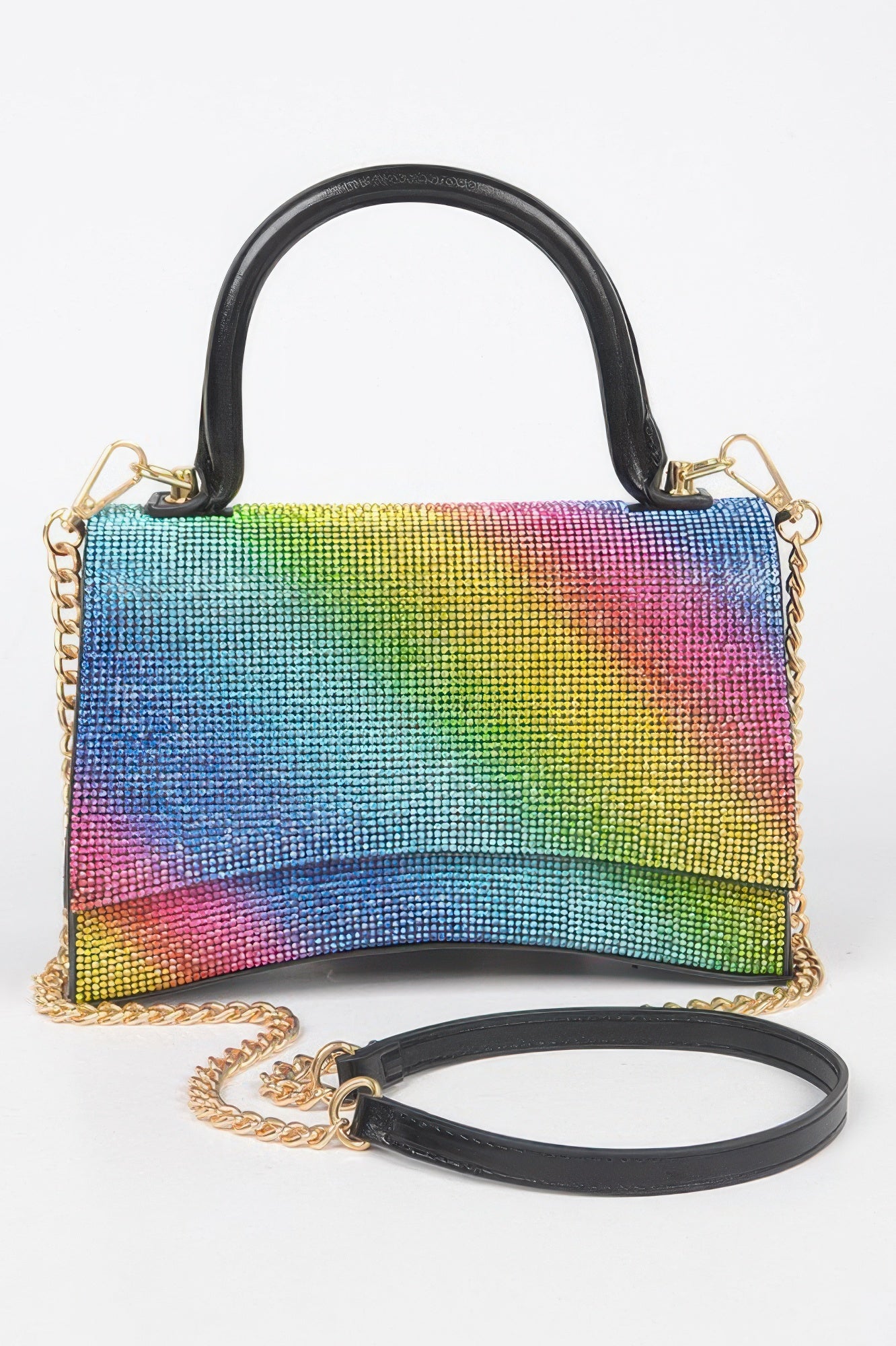 Multicolor rhinestone flap top-handle bag with rainbow gradient and chain strap