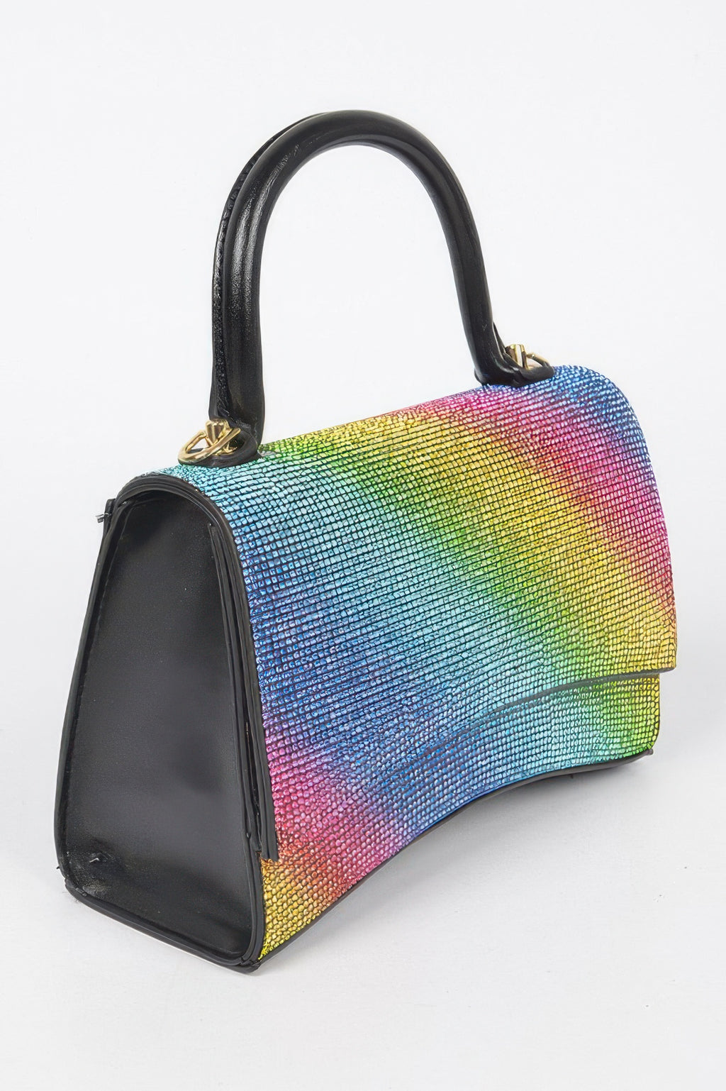 Multicolor rhinestone top-handle flap bag with black base and chain strap