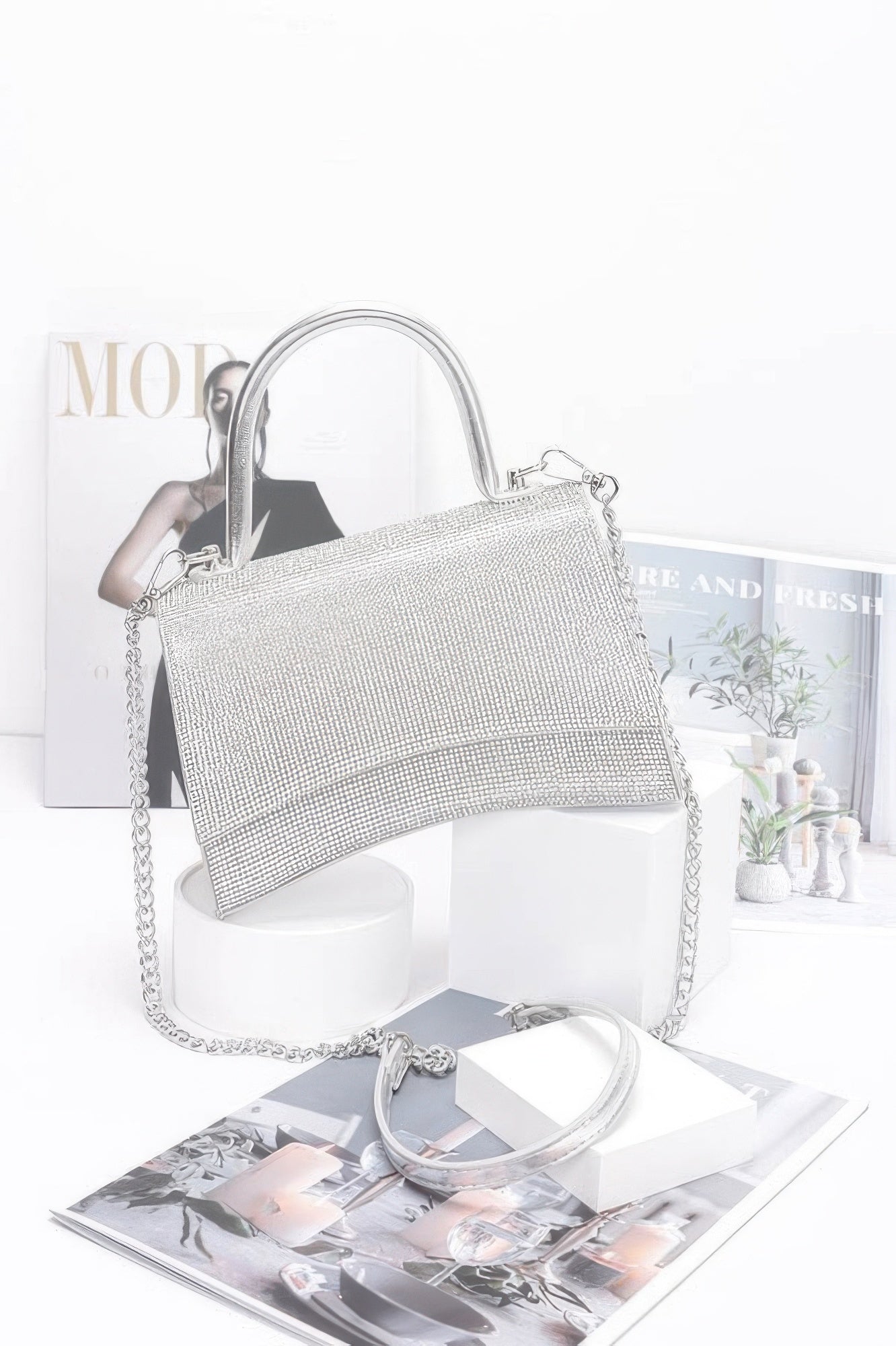 Silver rhinestone top-handle flap bag with chain shoulder strap