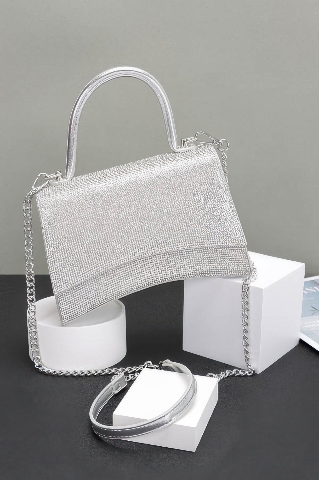 Silver rhinestone flap top-handle bag with chain strap and extra wrist strap