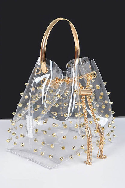 Studded Cleared Top Handle PVC Clutch Bag - Tigbul's Variety Fashion Shop