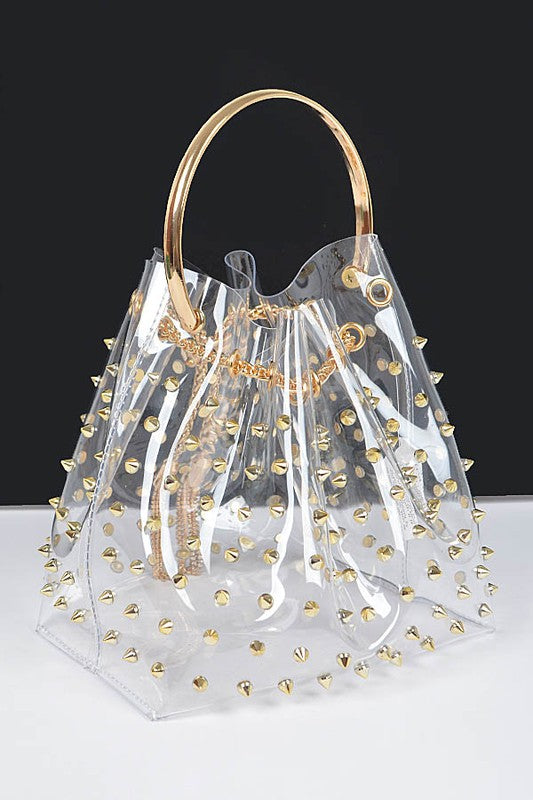 Studded Cleared Top Handle PVC Clutch Bag - Tigbul's Variety Fashion Shop