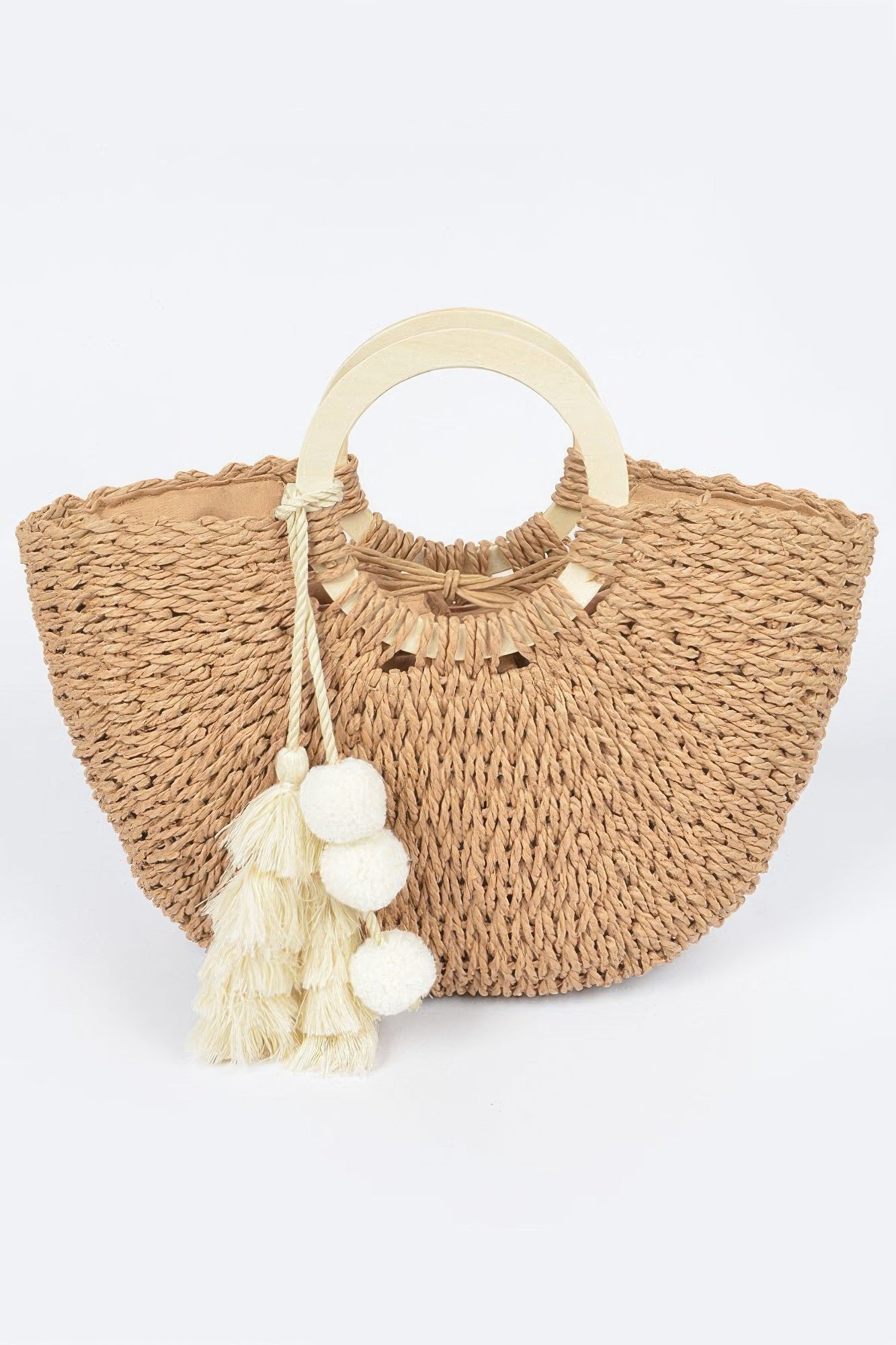 Woven cotton tote bag with curved wood handle, tassel pom‑poms, khaki color