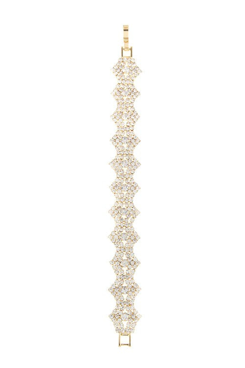 Gold diamond-shape rhinestone tennis bracelet with stacked marquee links