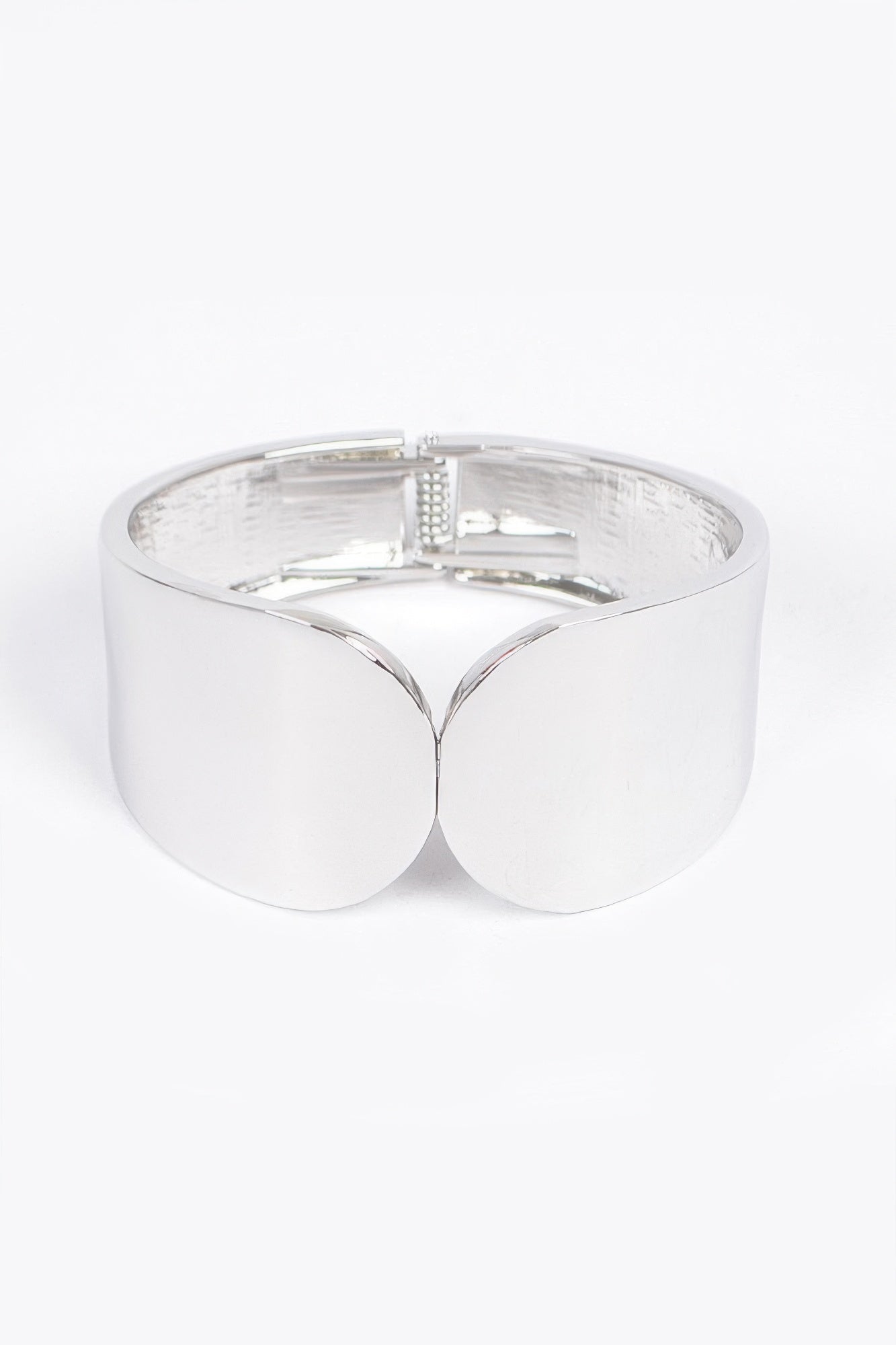 Silver metal spring hinge cuff bracelet, inner hinge and clasp view