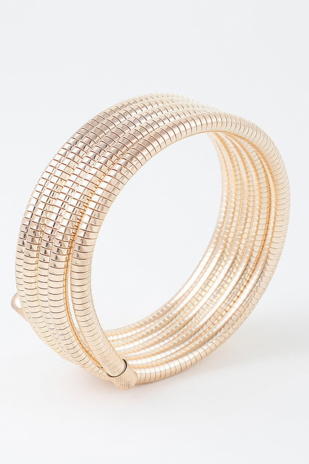 Multi snake chain wrap bracelet, gold tone, open circular view of stacked snake links