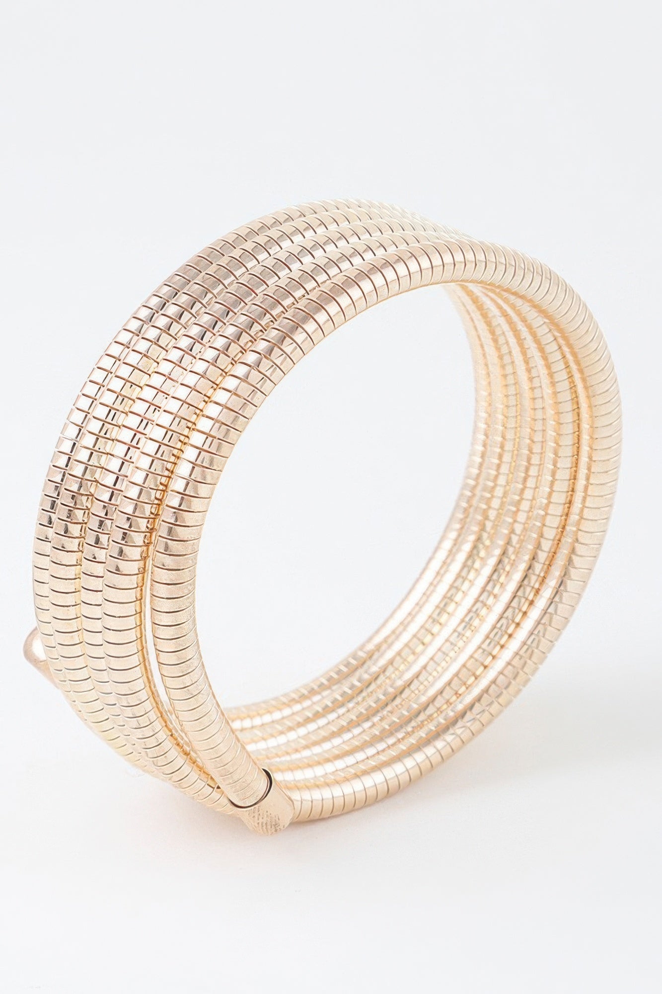 Multi snake chain wrap bracelet, gold tone, open circular view of stacked snake links