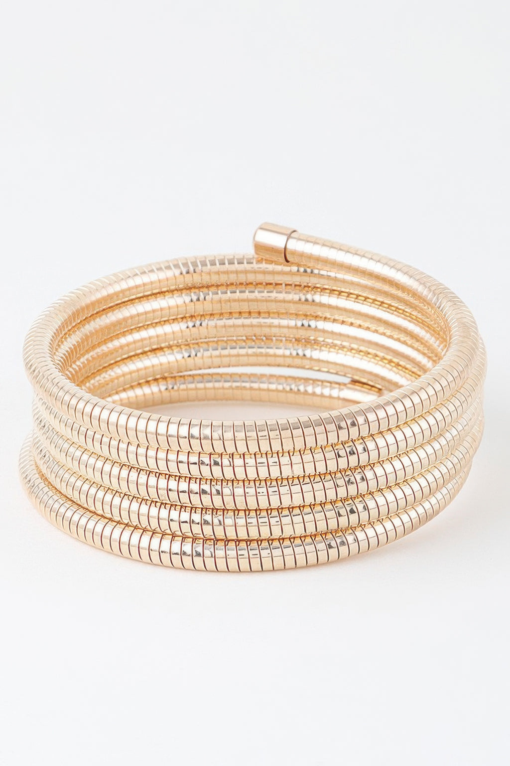 Gold multi-row snake chain wrap bracelet with hinged bar across the top