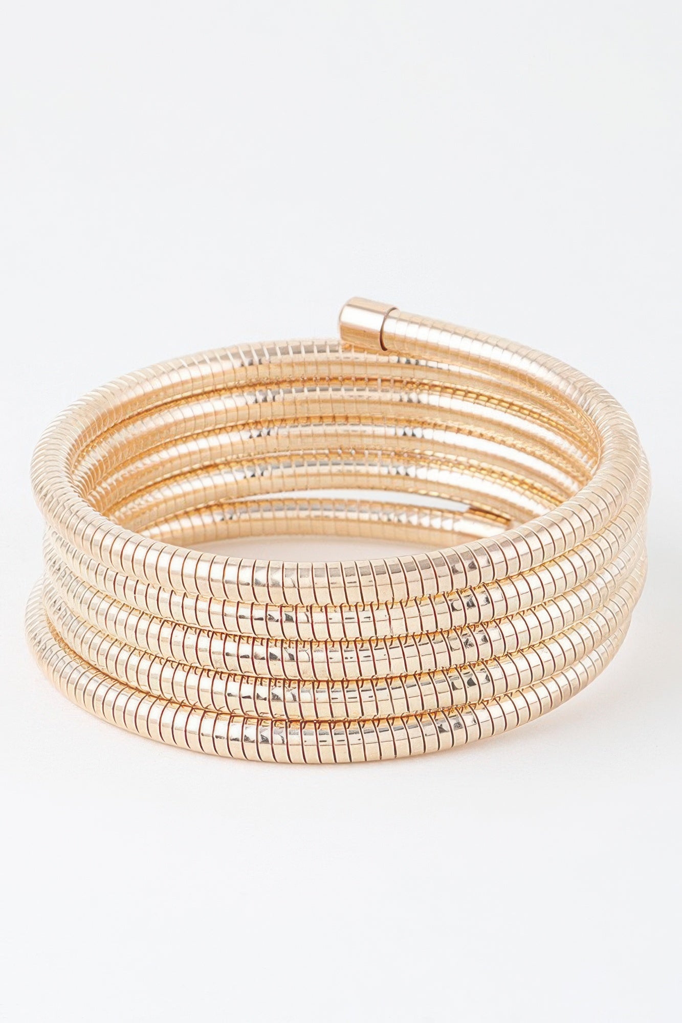 Gold multi-row snake chain wrap bracelet with hinged bar across the top
