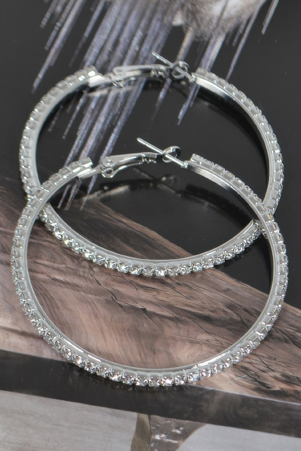 5cm double hoop earrings, silver tone with clear rhinestone row