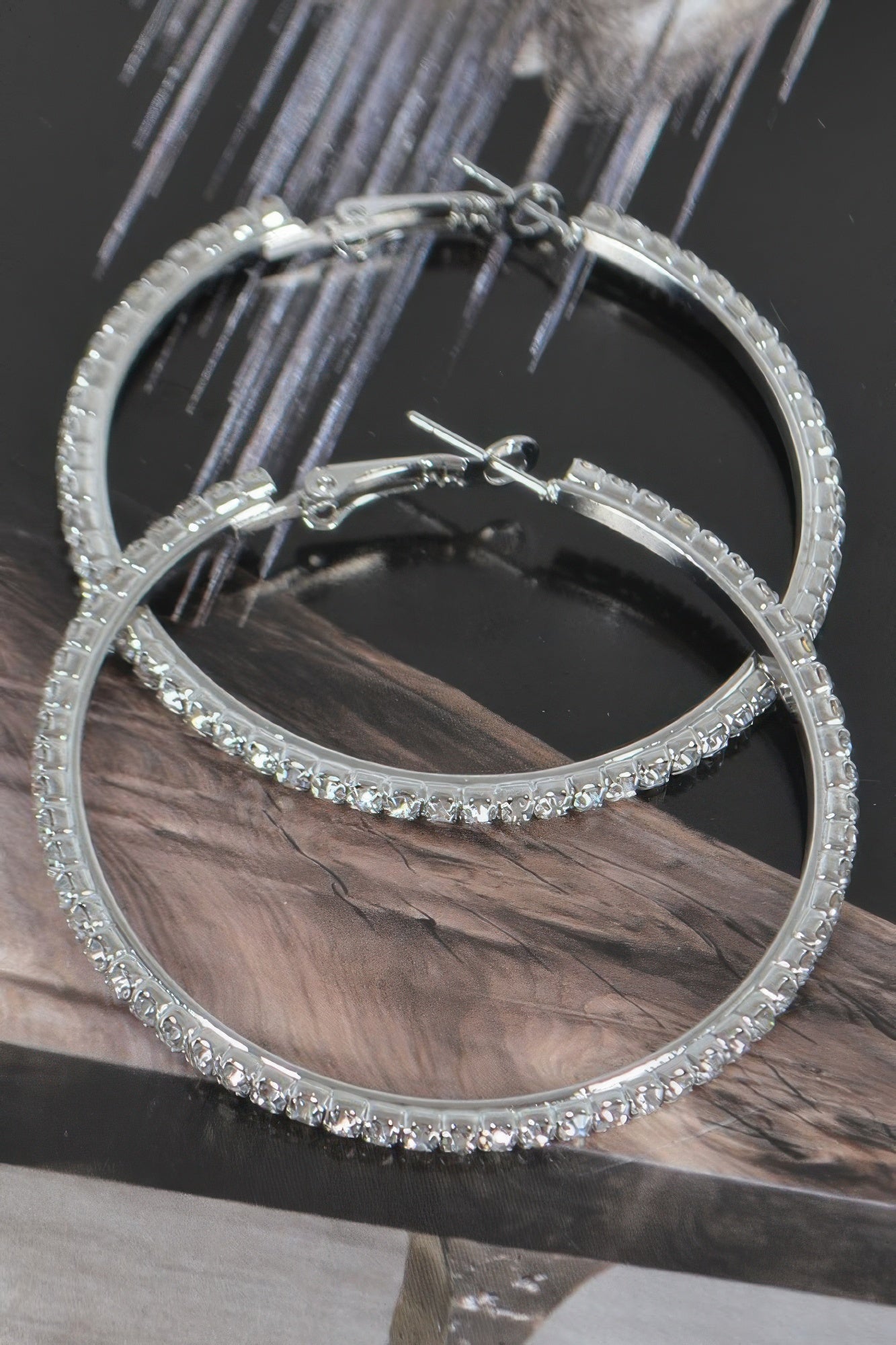 5cm double hoop earrings, silver tone with clear rhinestone row
