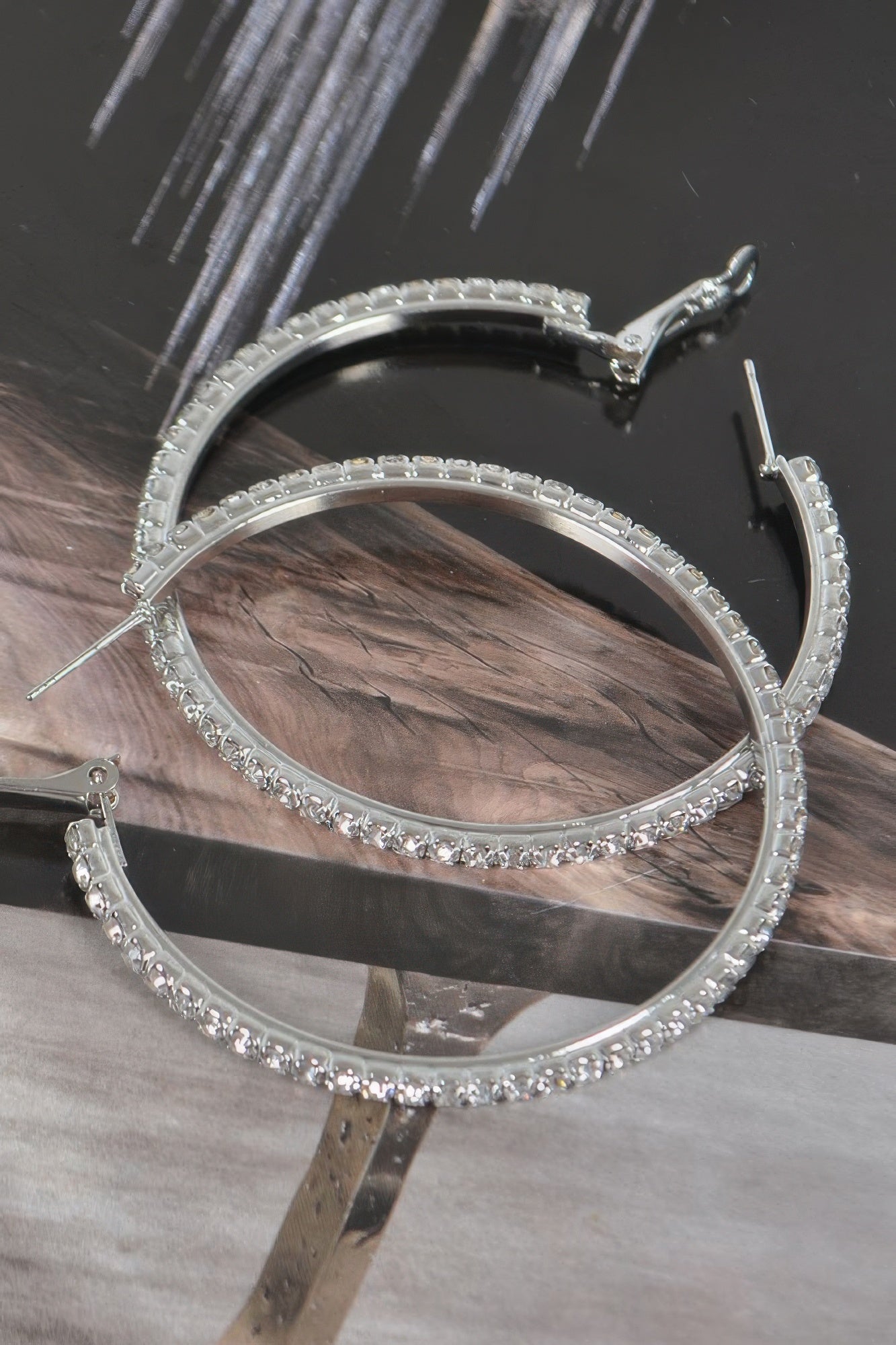 5cm double hoop earrings, silver rhinestones with V-shaped stud posts