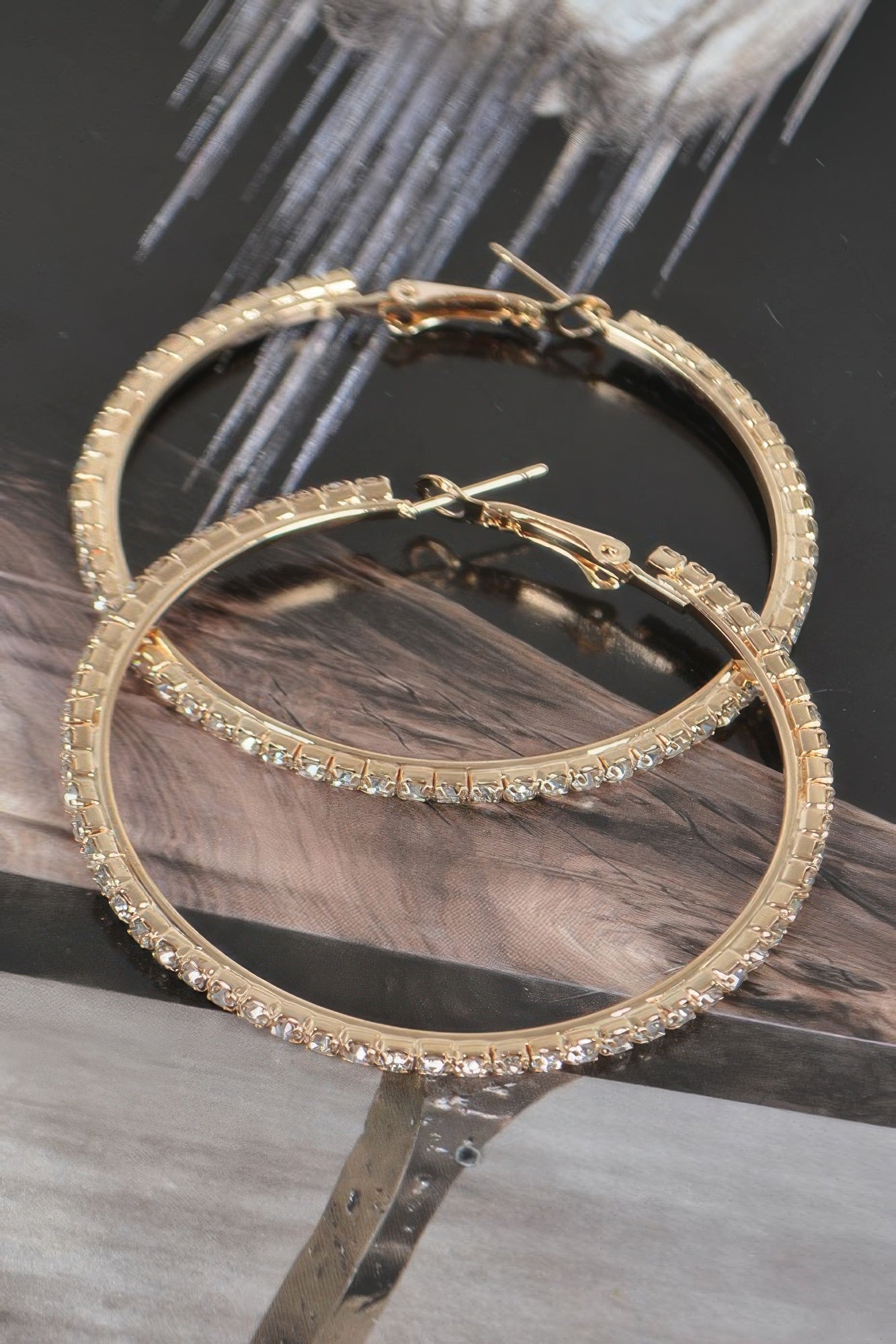 5cm double hoop earrings, gold tone with clear rhinestone double row