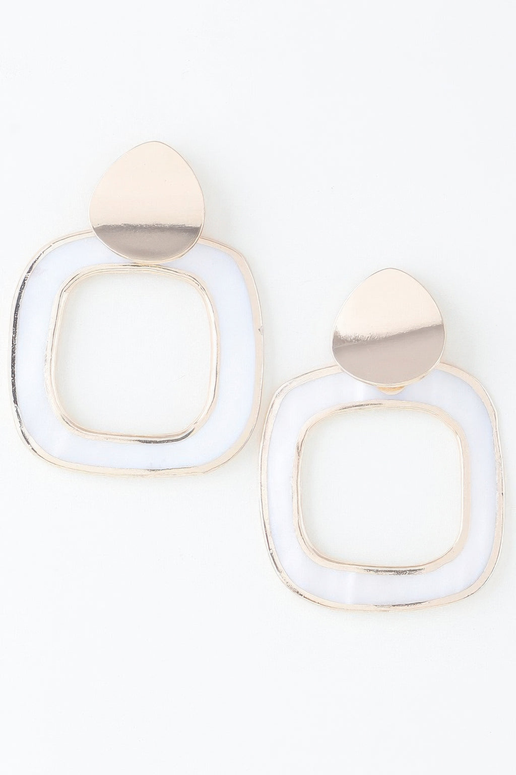 Abstract marble frame earrings, gold-cream, large, paired drop hoops
