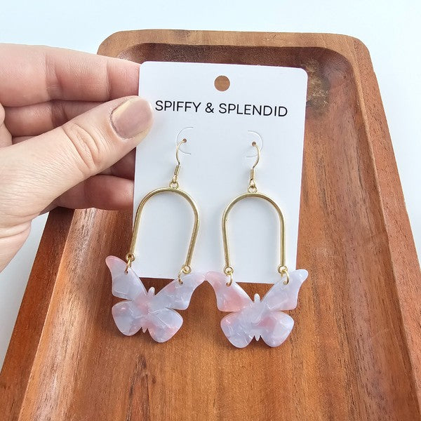 Spiffy & Splendid butterfly earrings card: gold hoops with pale pink butterfly drops