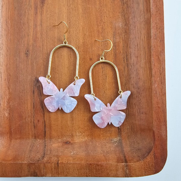 Pair of butterfly earrings with gold arches and pale pink layered butterfly charms