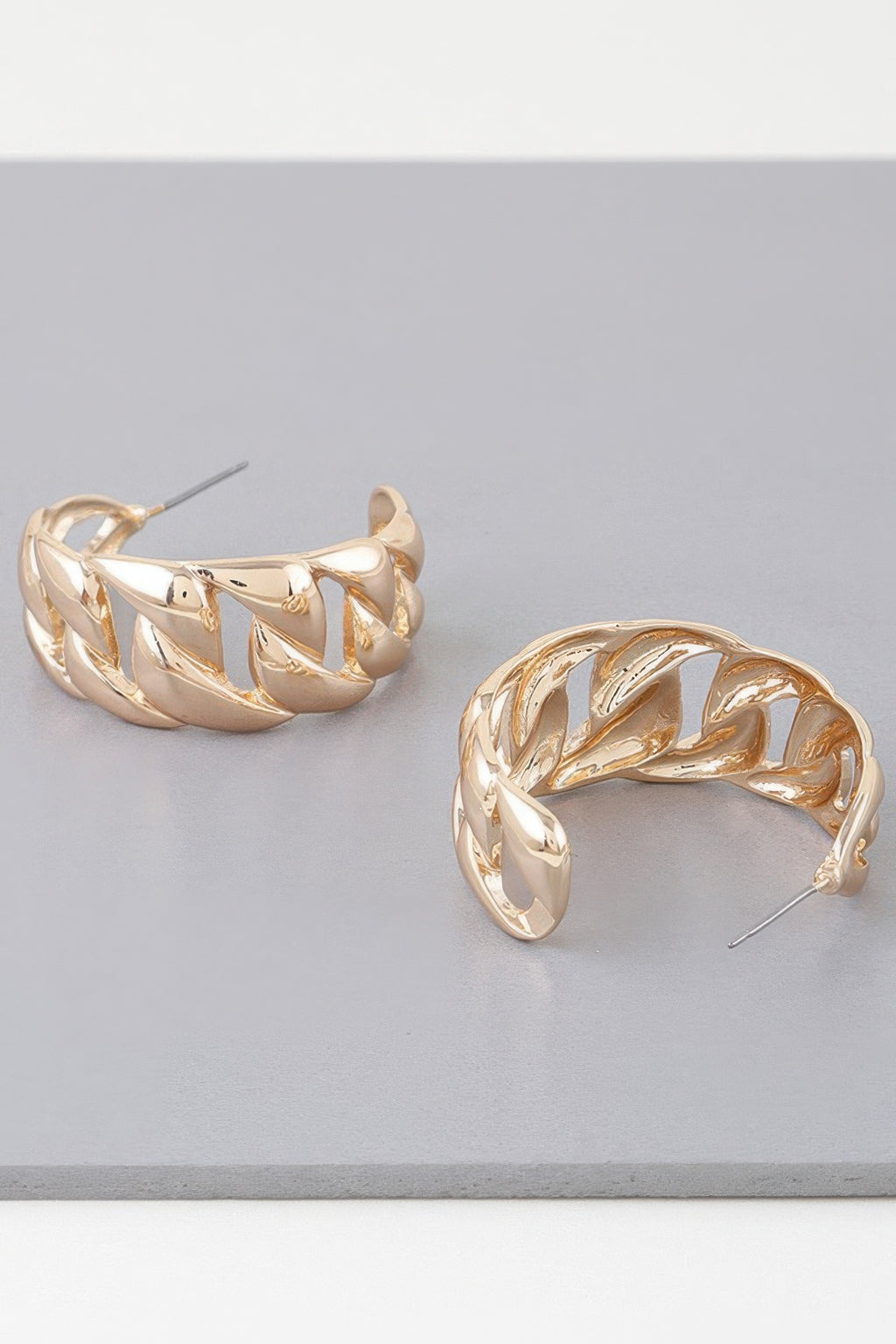 Curb braid chain hoop earrings, gold-tone twisted link hoops with stud post