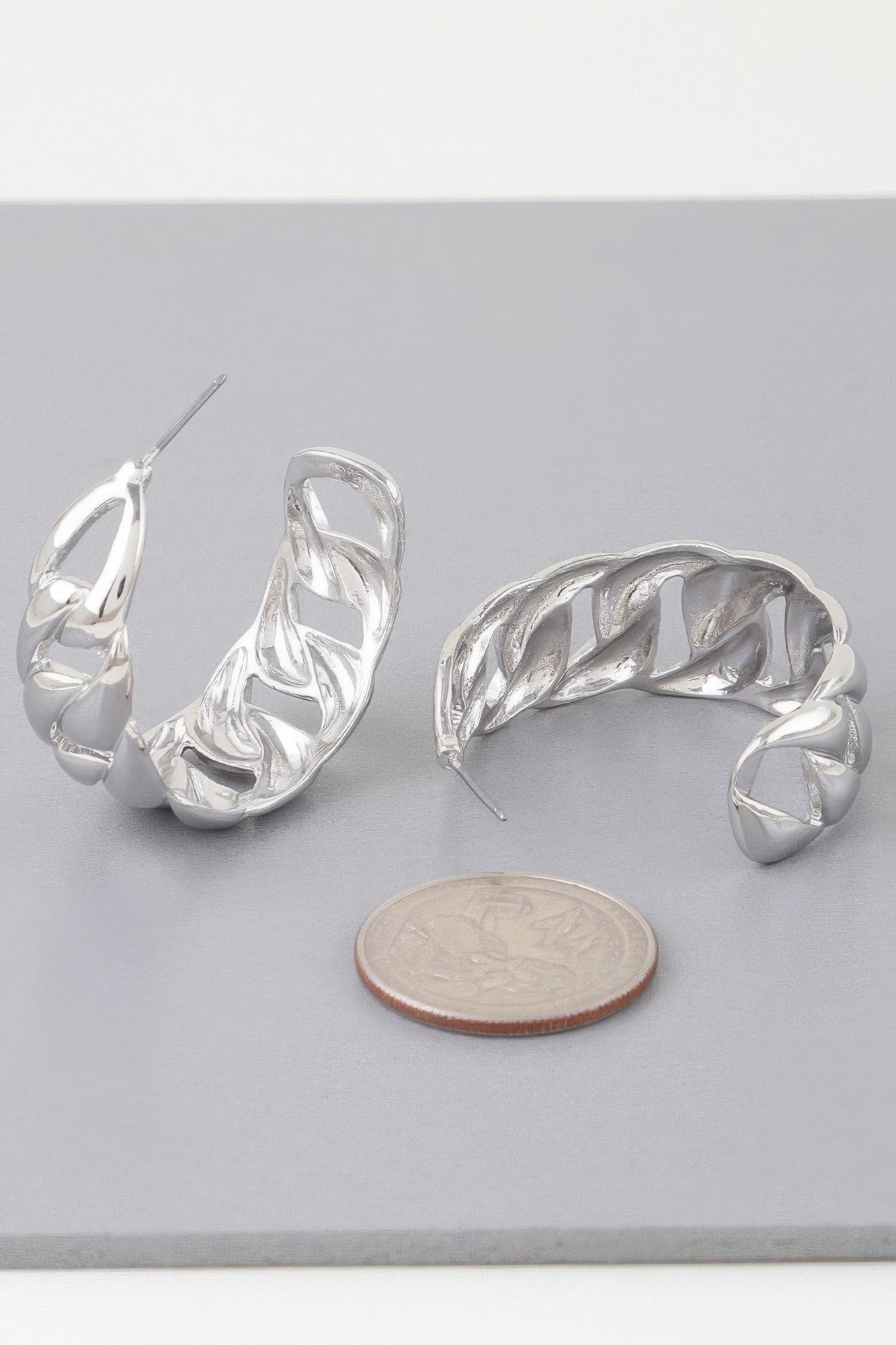 Curb braid chain hoop earrings, silver-tone twisted link hoops with stud post