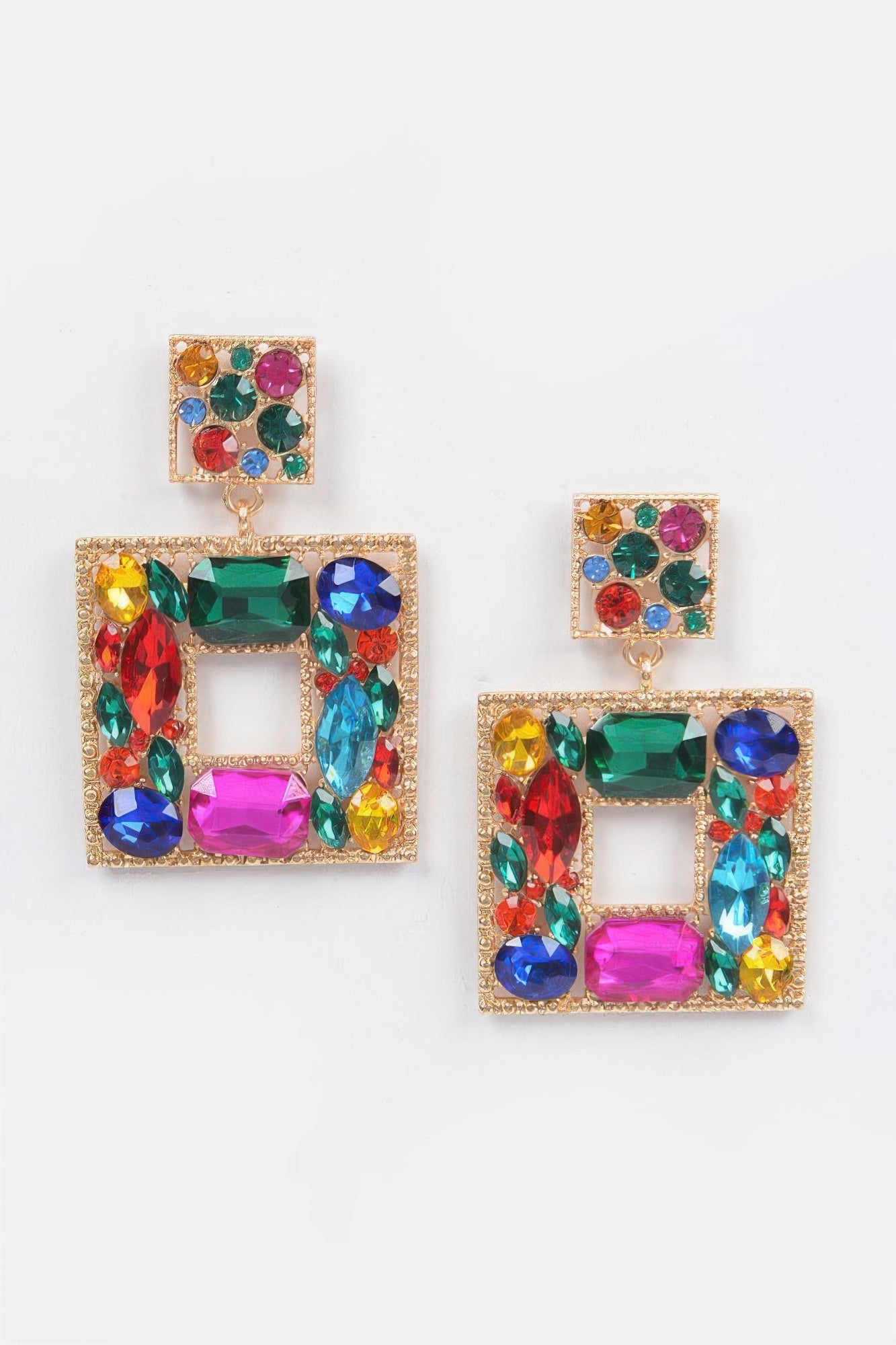 Goldfarbene Double-Square-Ohrringe mit bunten Steinchen, Multicolor 1