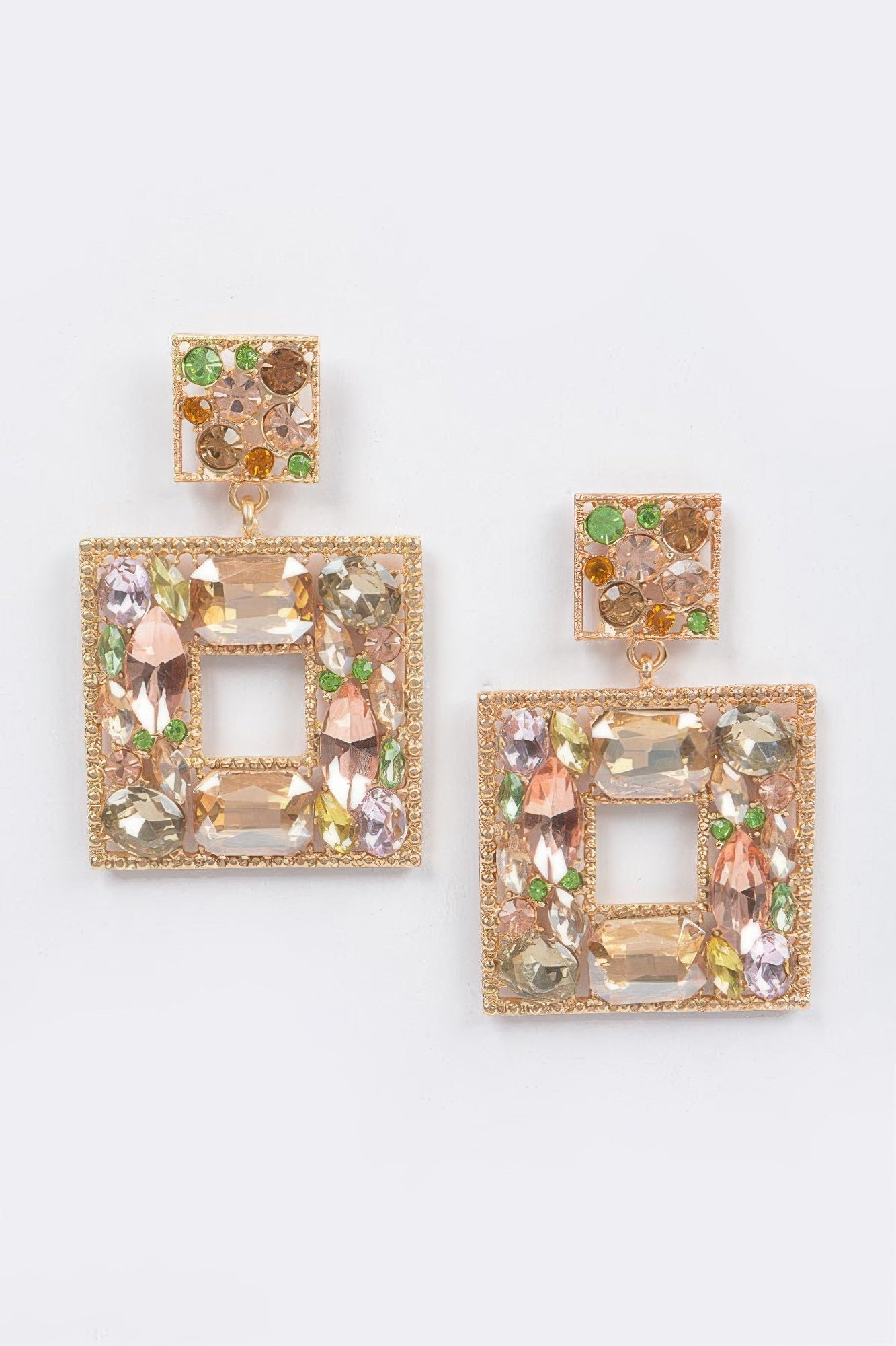 Goldfarbene Double-Square-Ohrringe mit Pastell- und Klarsteinen, Multicolor 2