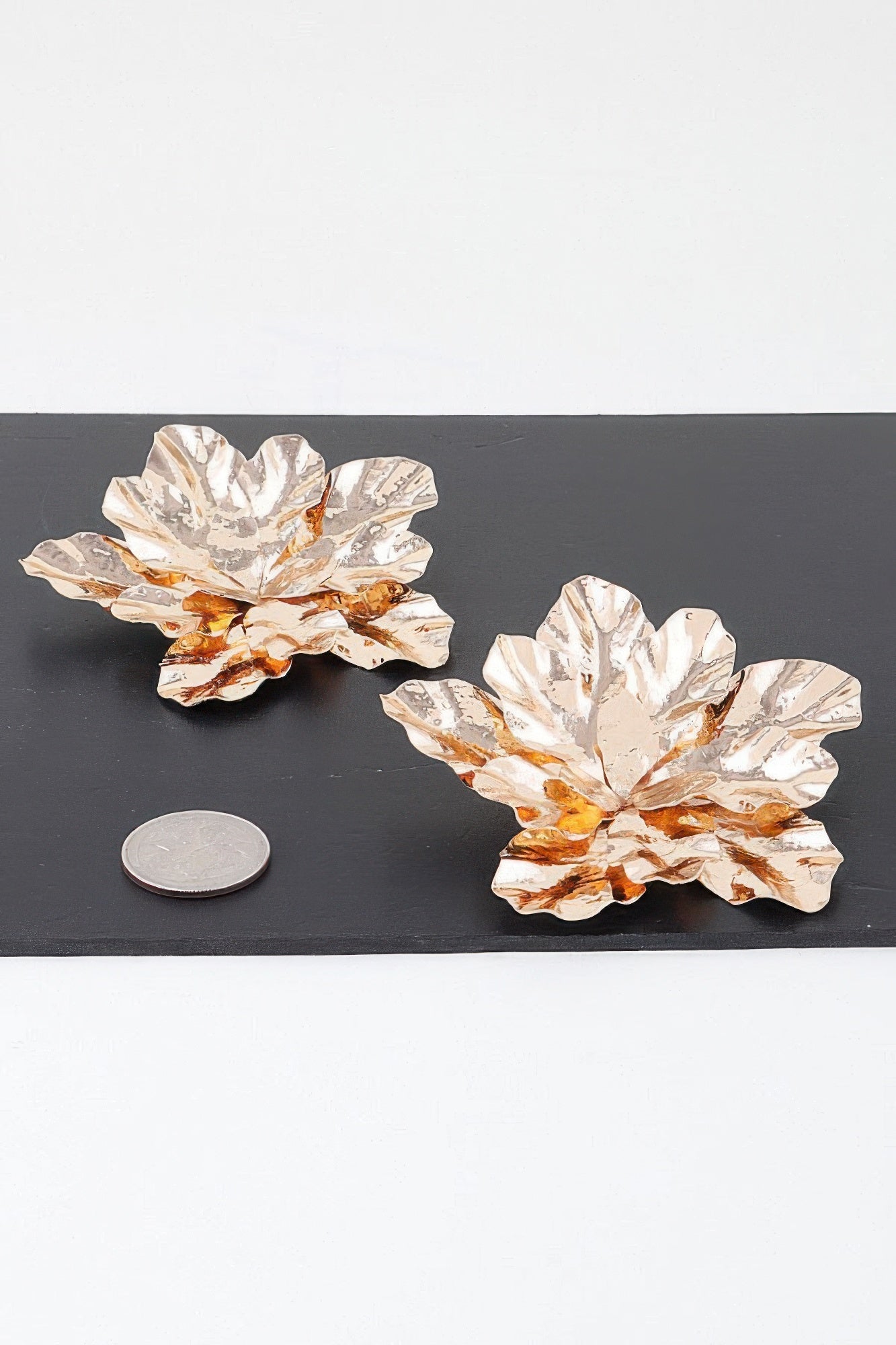 Gold textured maple-leaf earrings, large flower-like leaf design