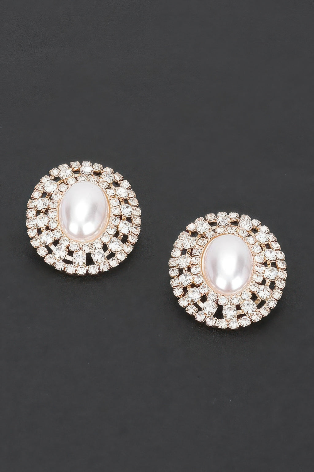 Faux Pearl Rhinestone Stud Earrings, gold-tone oval center with clear crystal halo