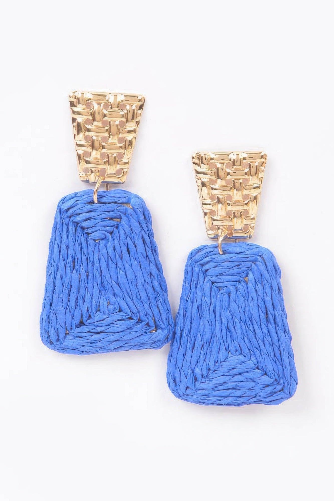 Faux straw dangling earrings, cobalt blue raffia tassels with gold-tone tops