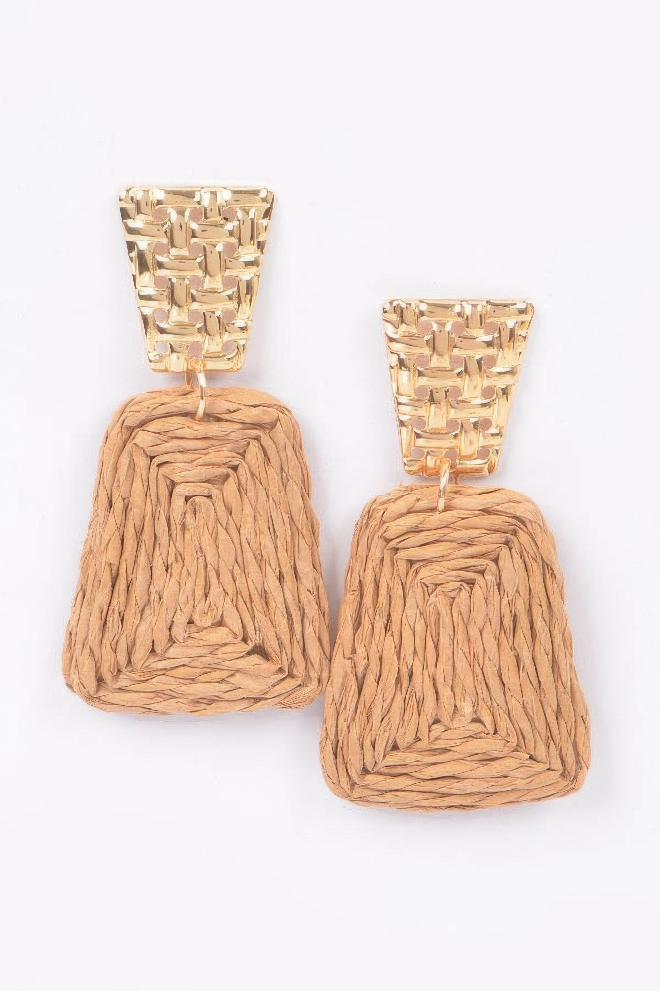 Faux straw dangling earrings, khaki tan raffia tassels with gold-tone caps