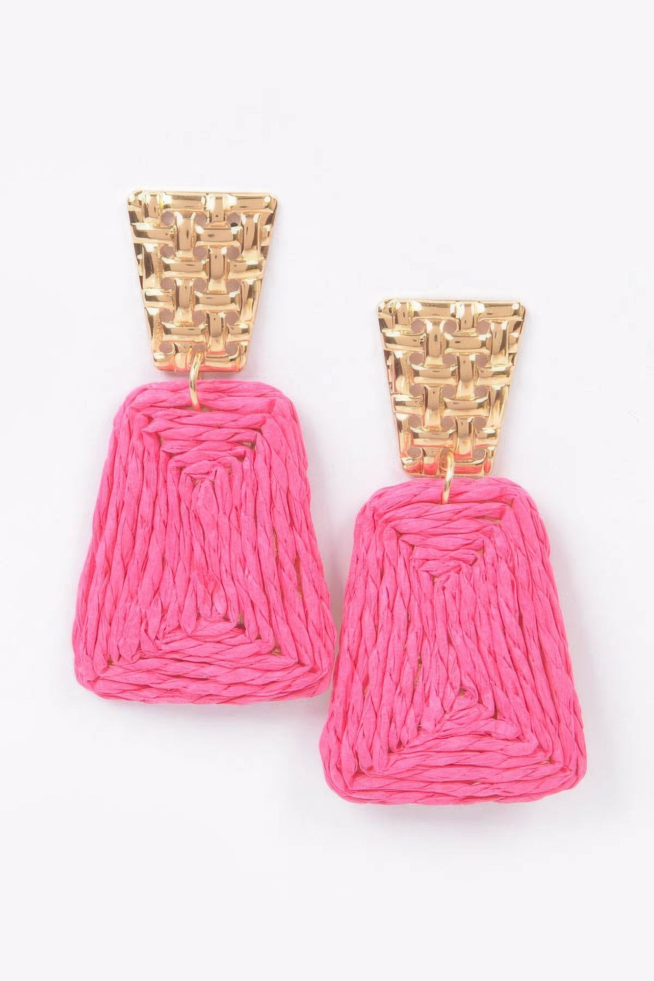 Faux straw dangling earrings, fuchsia pink raffia tassels with gold-tone caps
