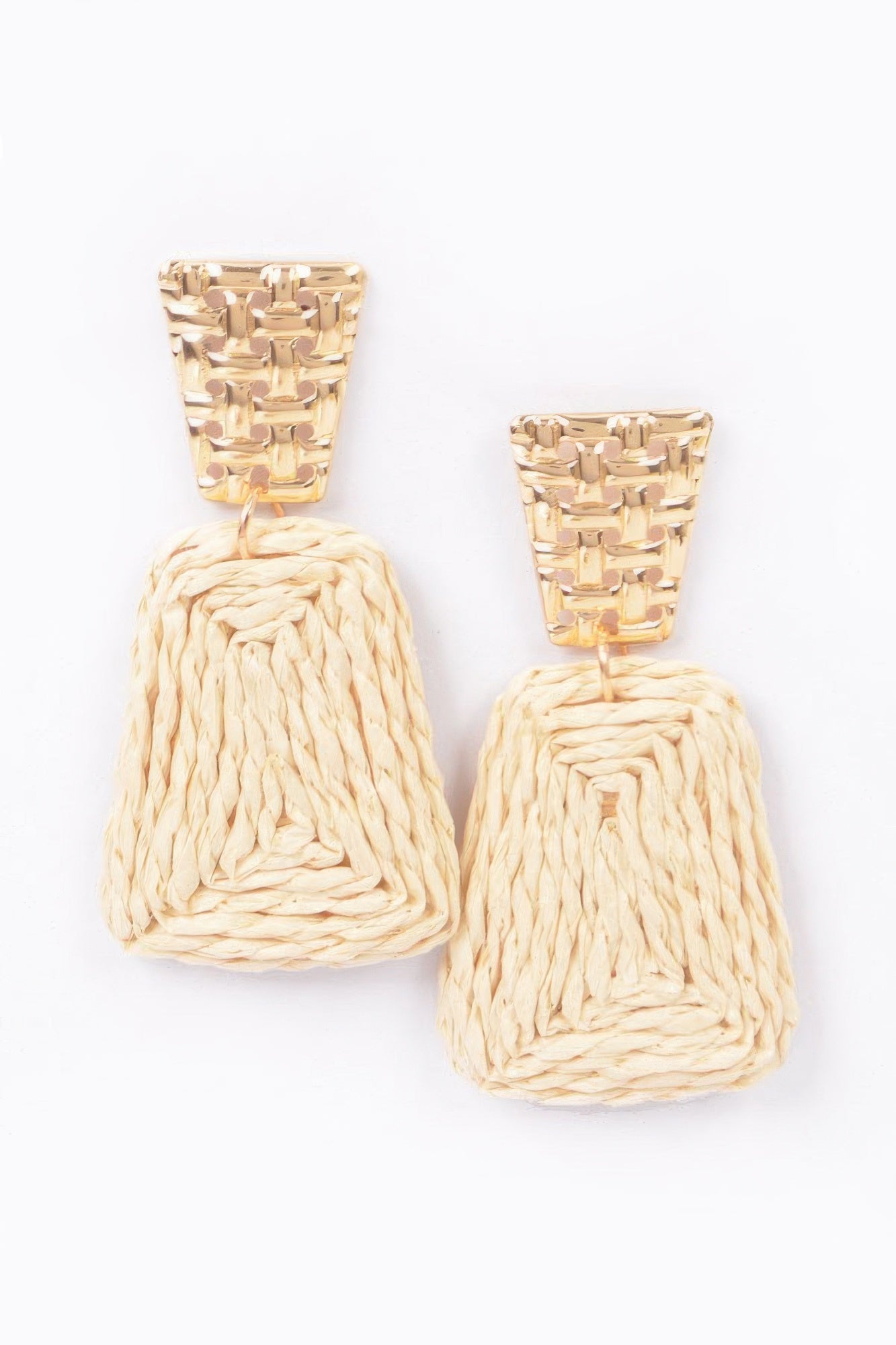 Faux straw dangling earrings, ivory raffia tassels with textured gold-tone tops
