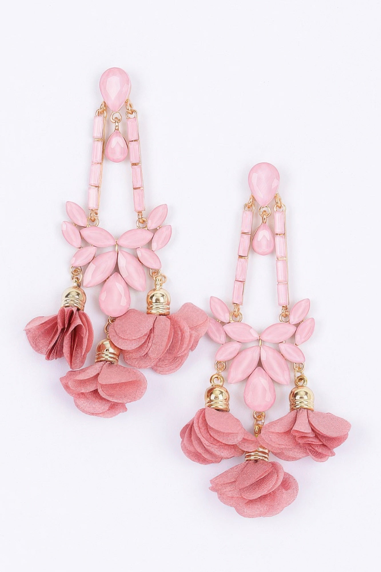 Pink flower statement earrings with dangling petal clusters and gold-tone accents