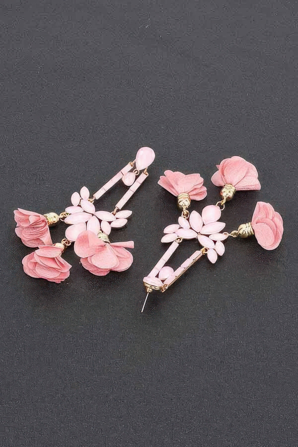 Light pink flower earrings with long bar drops, petal charms, and gold-tone details