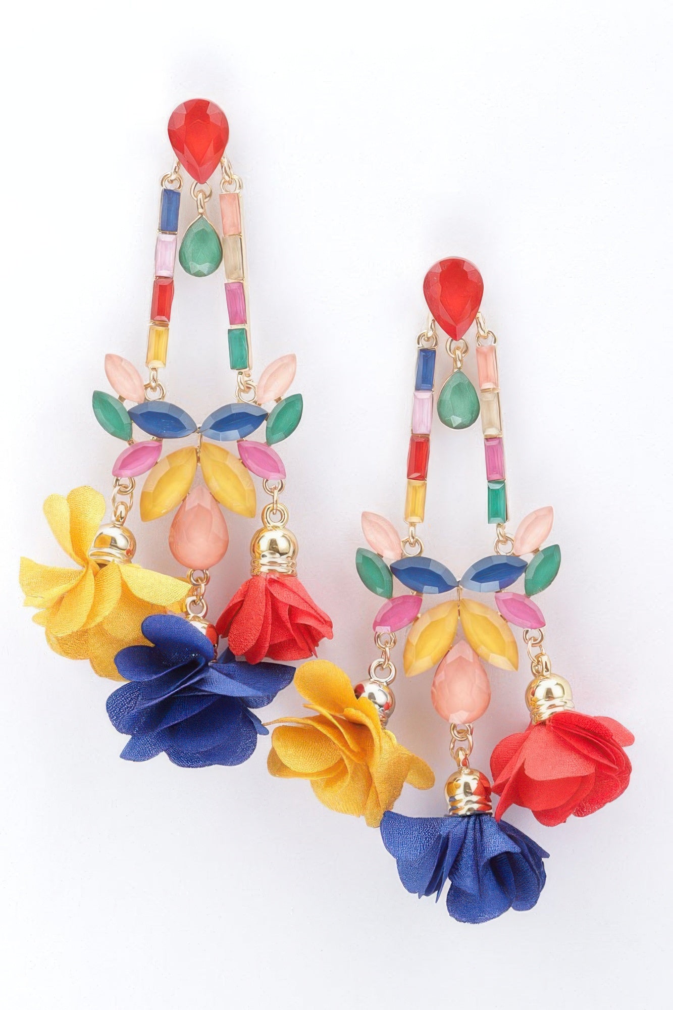 Multicolor flower earrings with heart top, gem-like bars, and layered bloom charms
