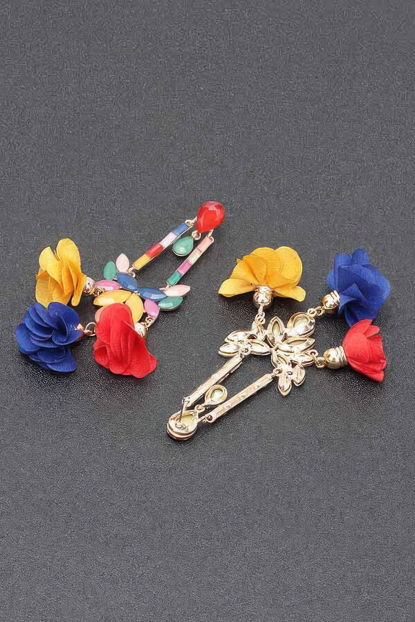 Multicolor flower earrings with dangling rhinestone-like accents and gold-tone hooks