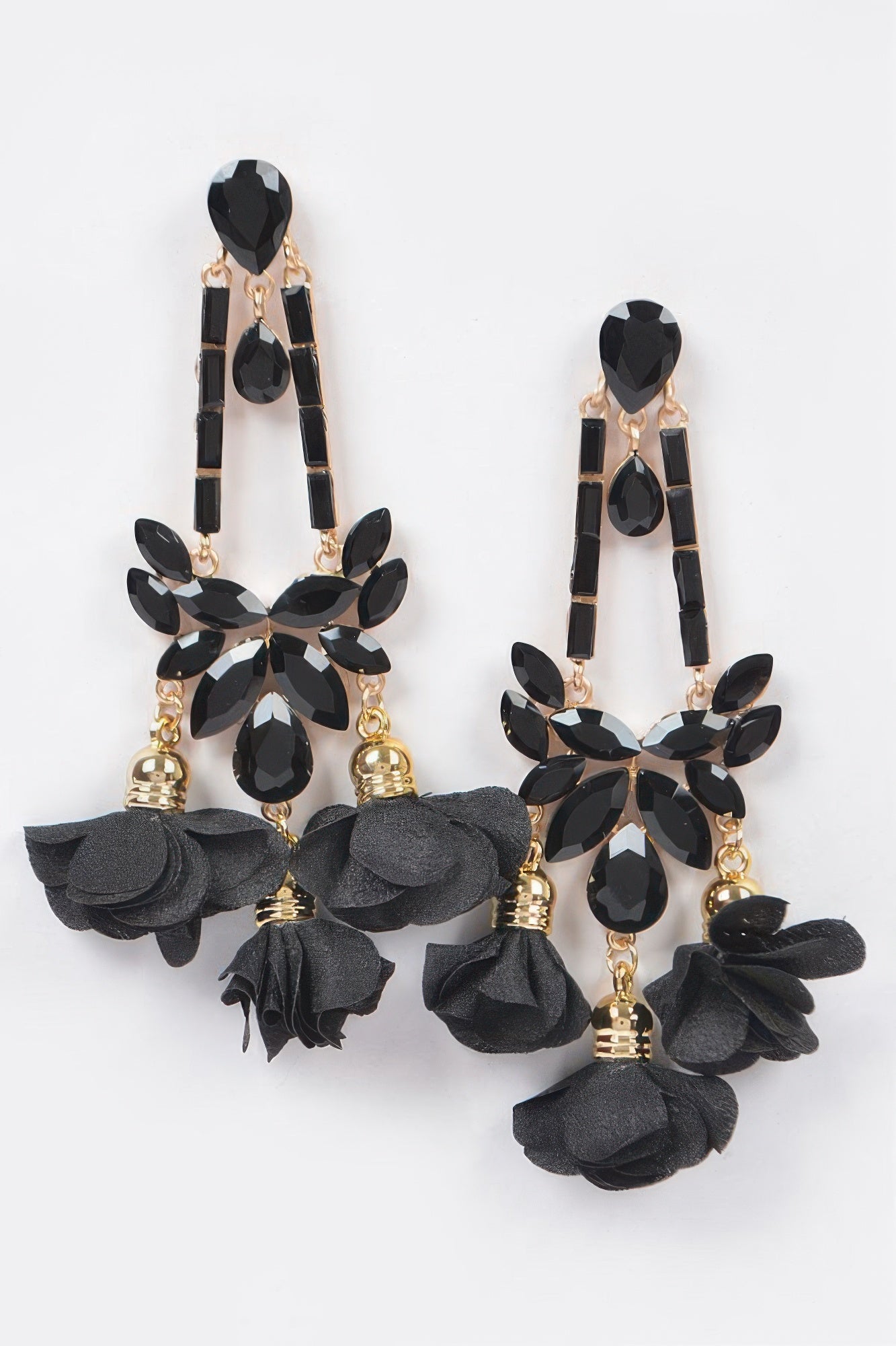 Black flower statement earrings with faceted teardrop stones and layered fabric petals