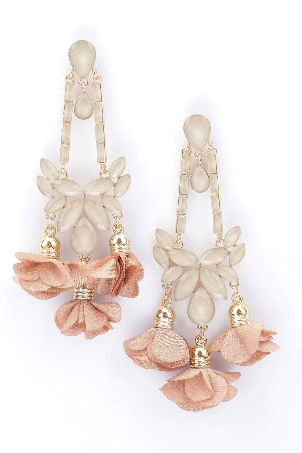 Beige and cream flower drop earrings with layered petal blooms and gold-tone beads