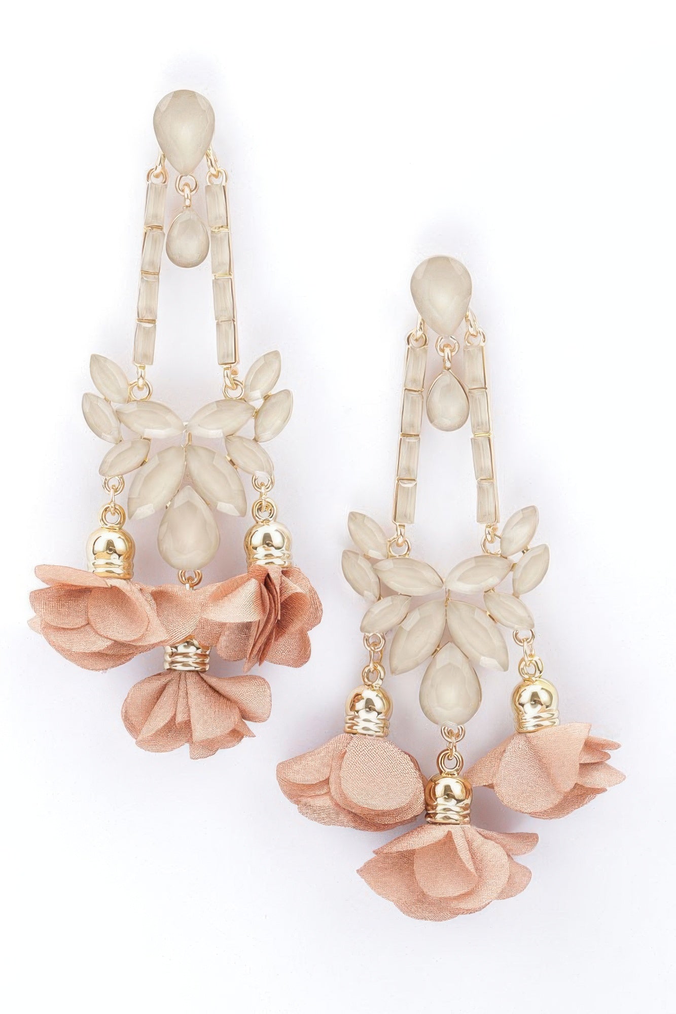 Beige and cream flower drop earrings with layered petal blooms and gold-tone beads