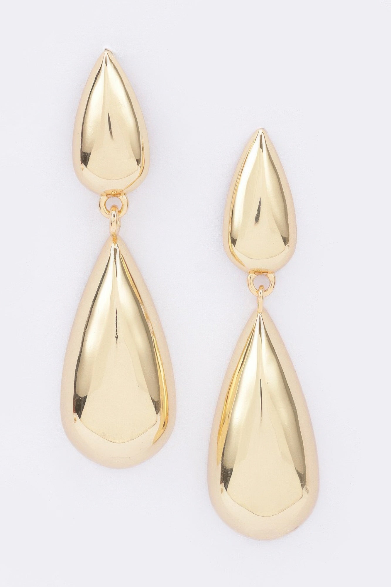 Gold gold-plated metal earrings with two stacked teardrop dangles and small ring links