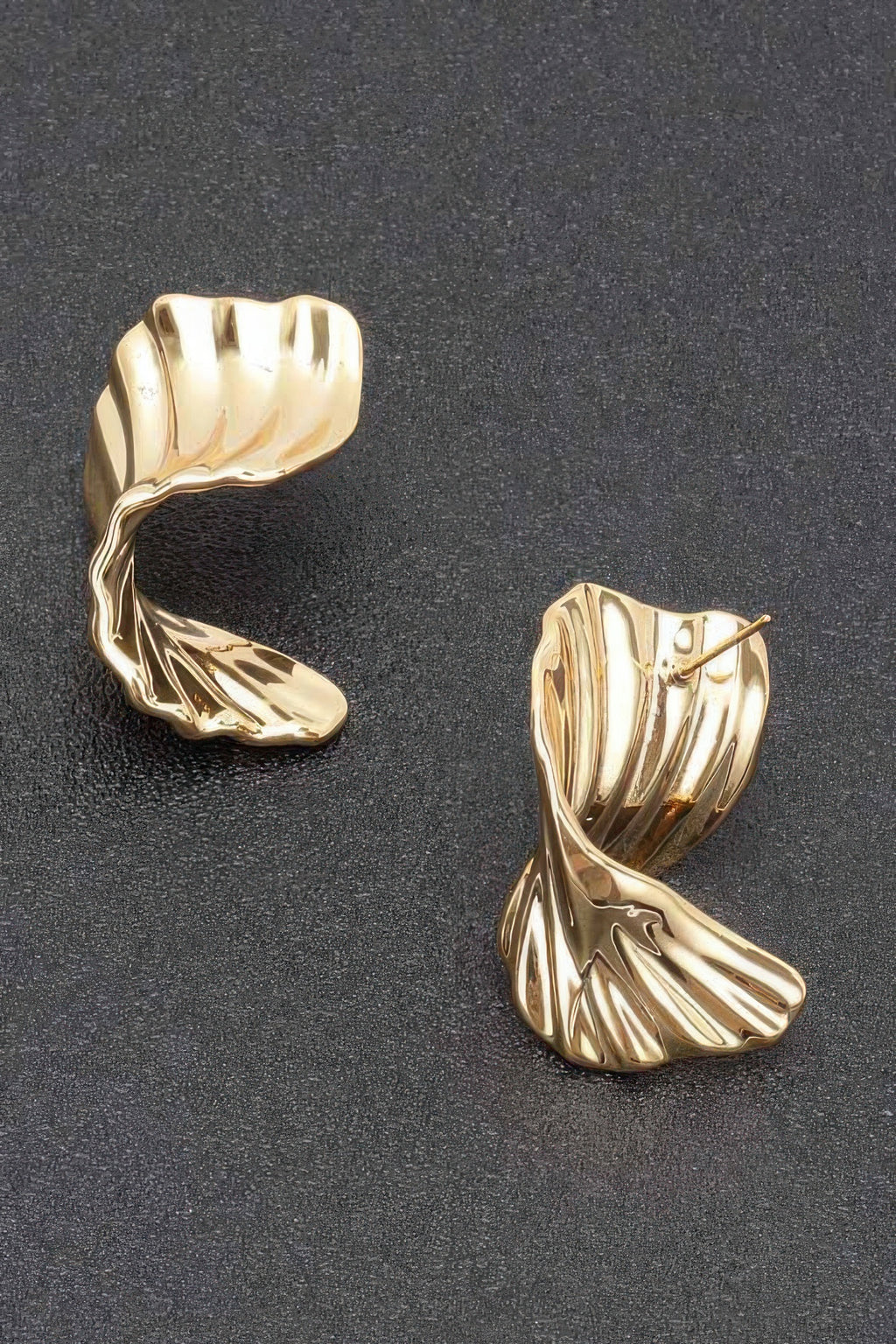 Gold-plated metal hoop earrings, ribbed wave design, pair