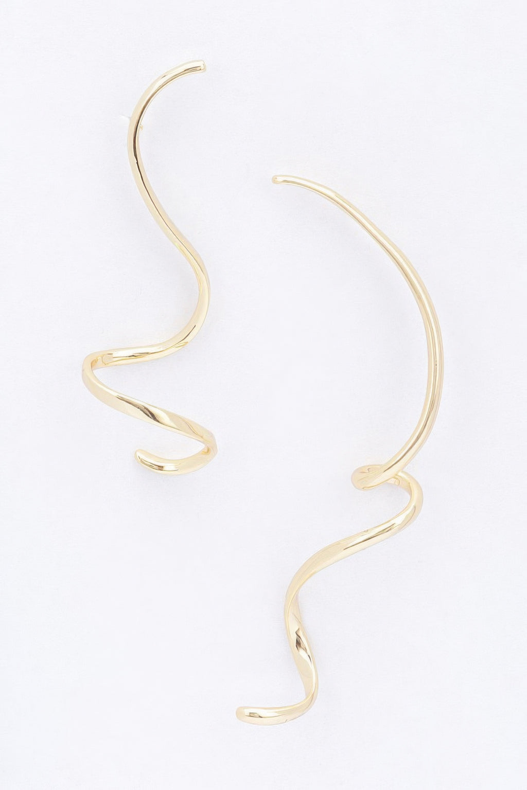 Gold plated metal twist dangle earrings, long curved hoop with twist