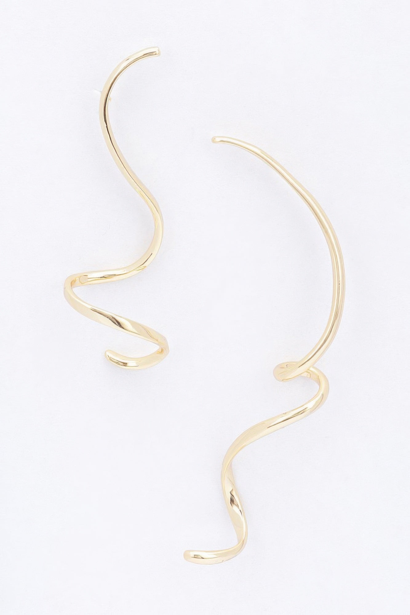 Gold plated metal twist dangle earrings, long curved hoop with twist