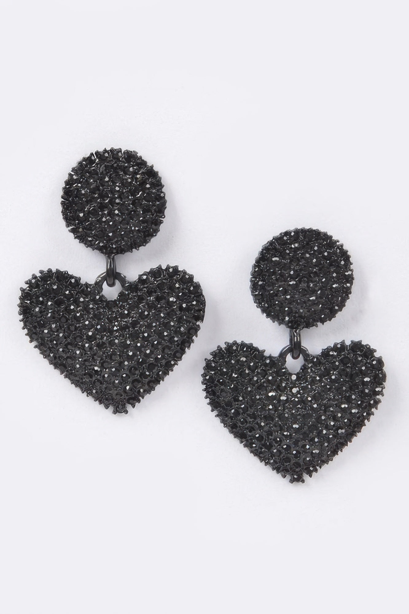 Black heart rhinestone drop earrings, round top and heart dangle with sparkles