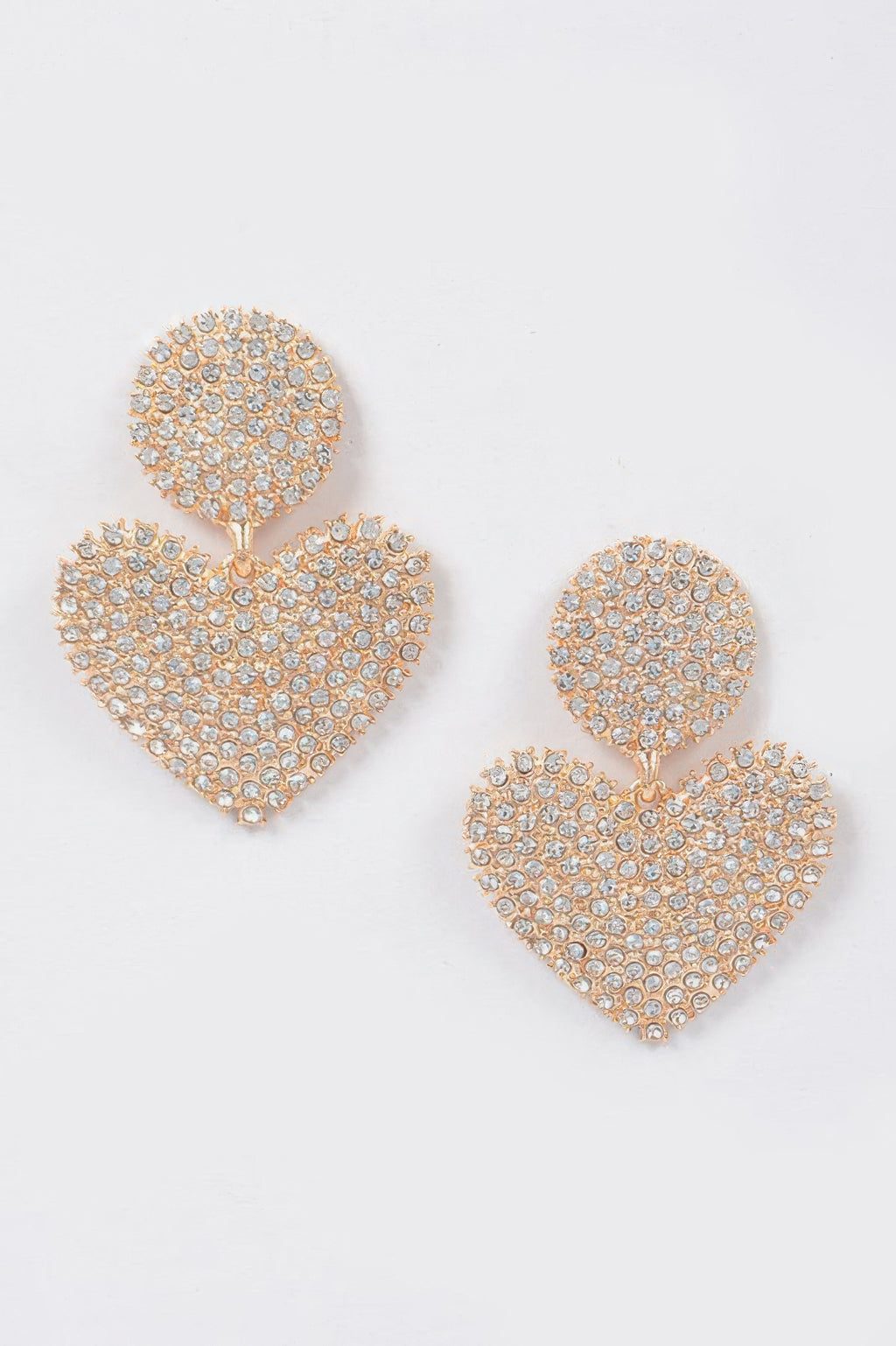Gold tone heart rhinestone drop earrings: round top with heart dangle