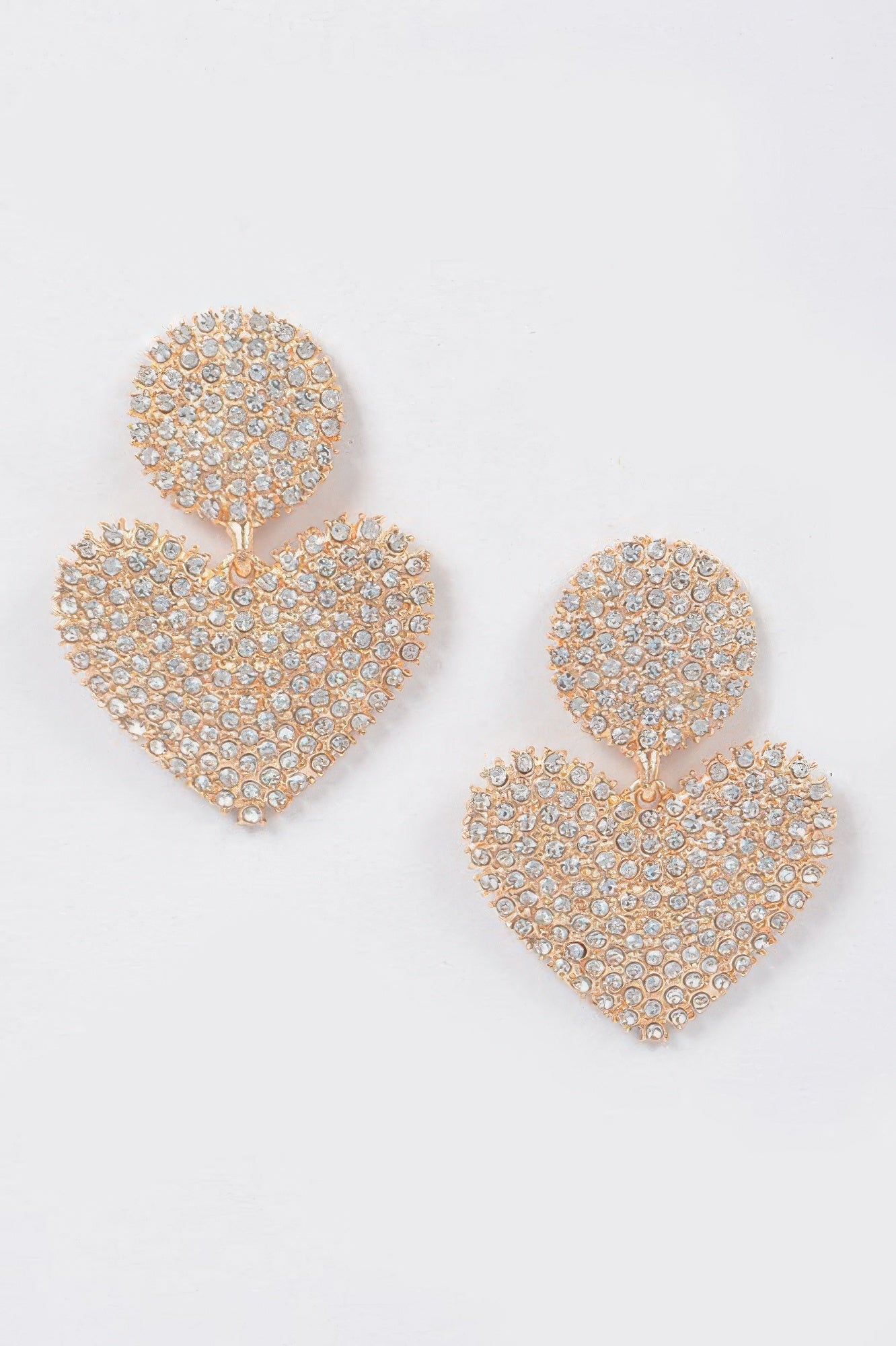Gold tone heart rhinestone drop earrings: round top with heart dangle