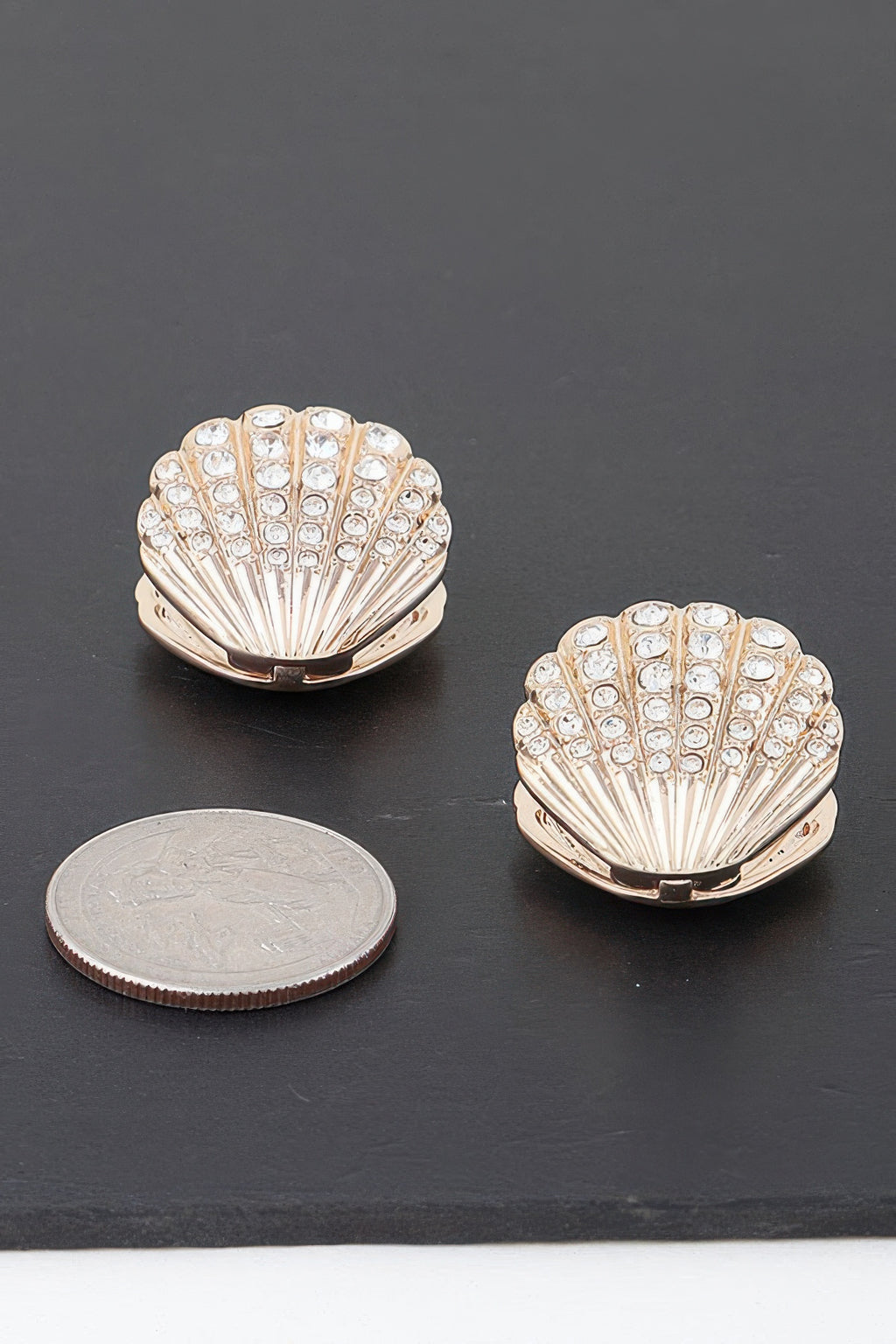 Jeweled clam shell earrings, gold-tone with clear stones (pair)