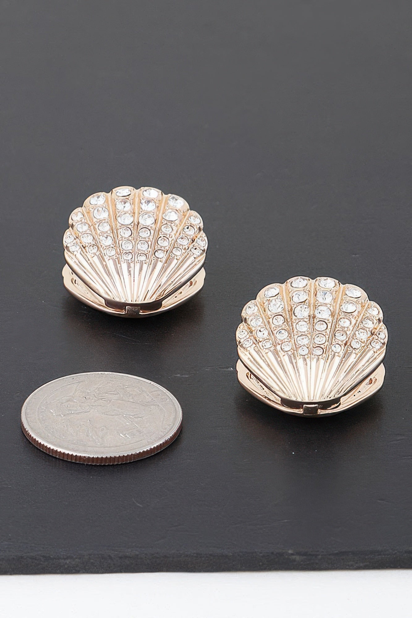 Jeweled clam shell earrings, gold-tone with clear stones (pair)