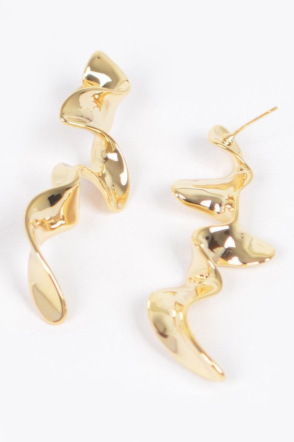 Gold-tone metal plated wave earrings, long dangling curved swirl shape