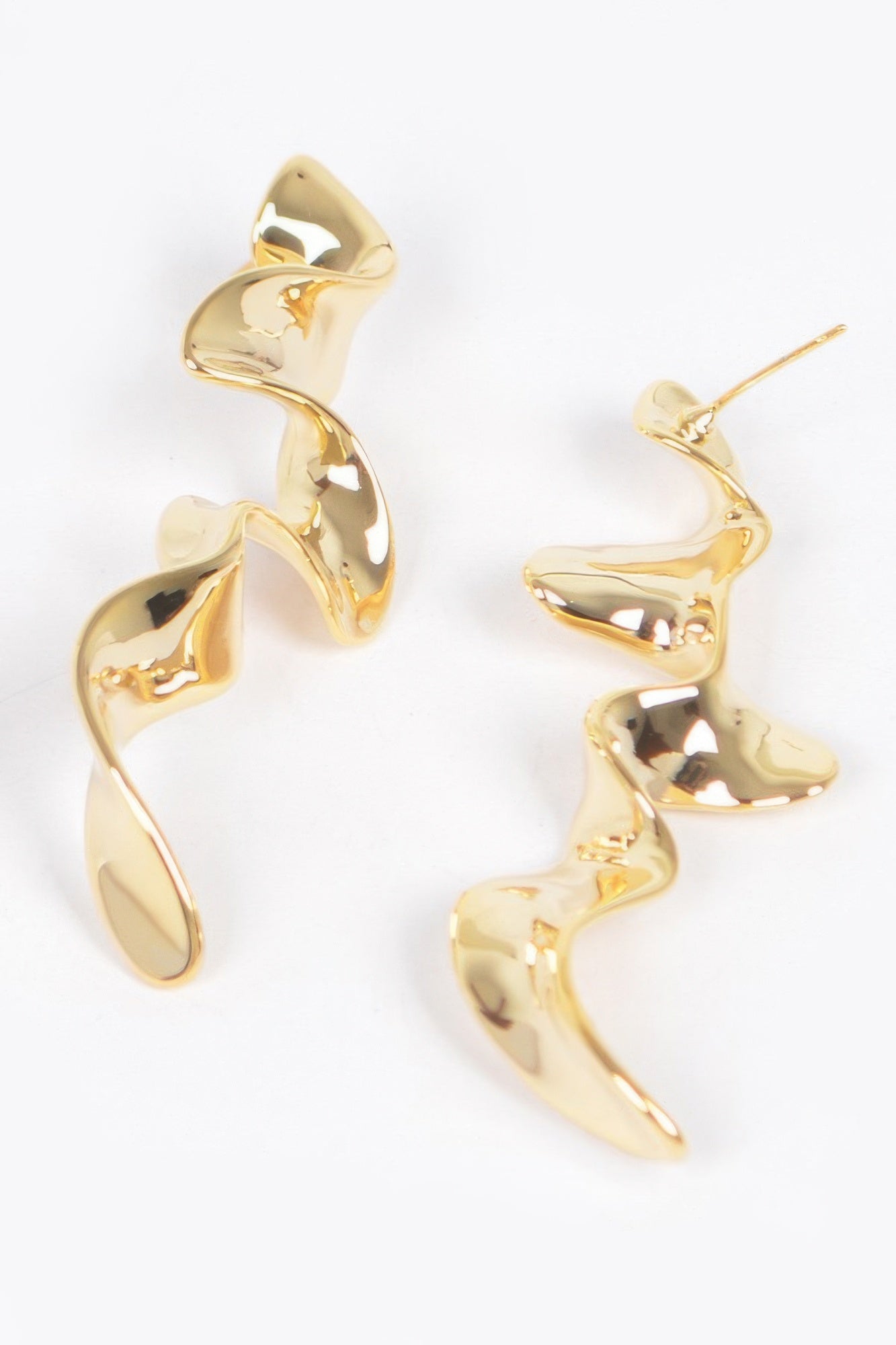 Gold-tone metal plated wave earrings, long dangling curved swirl shape