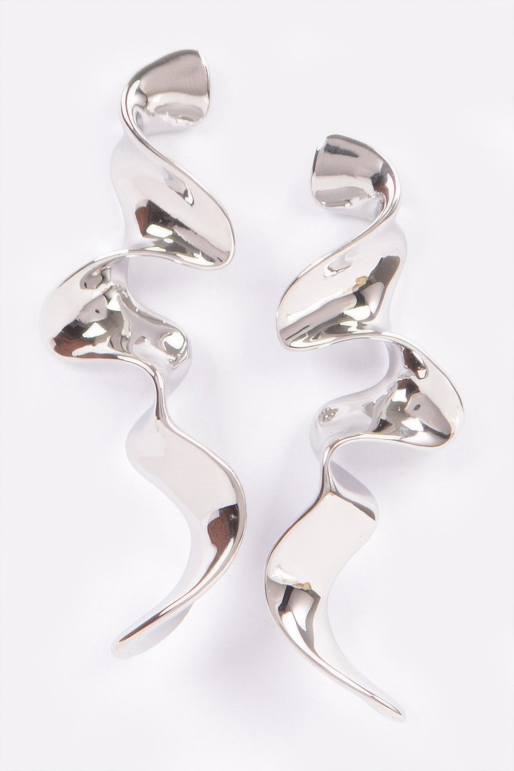 Silver-tone metal plated wave earrings with curved swirl drop design
